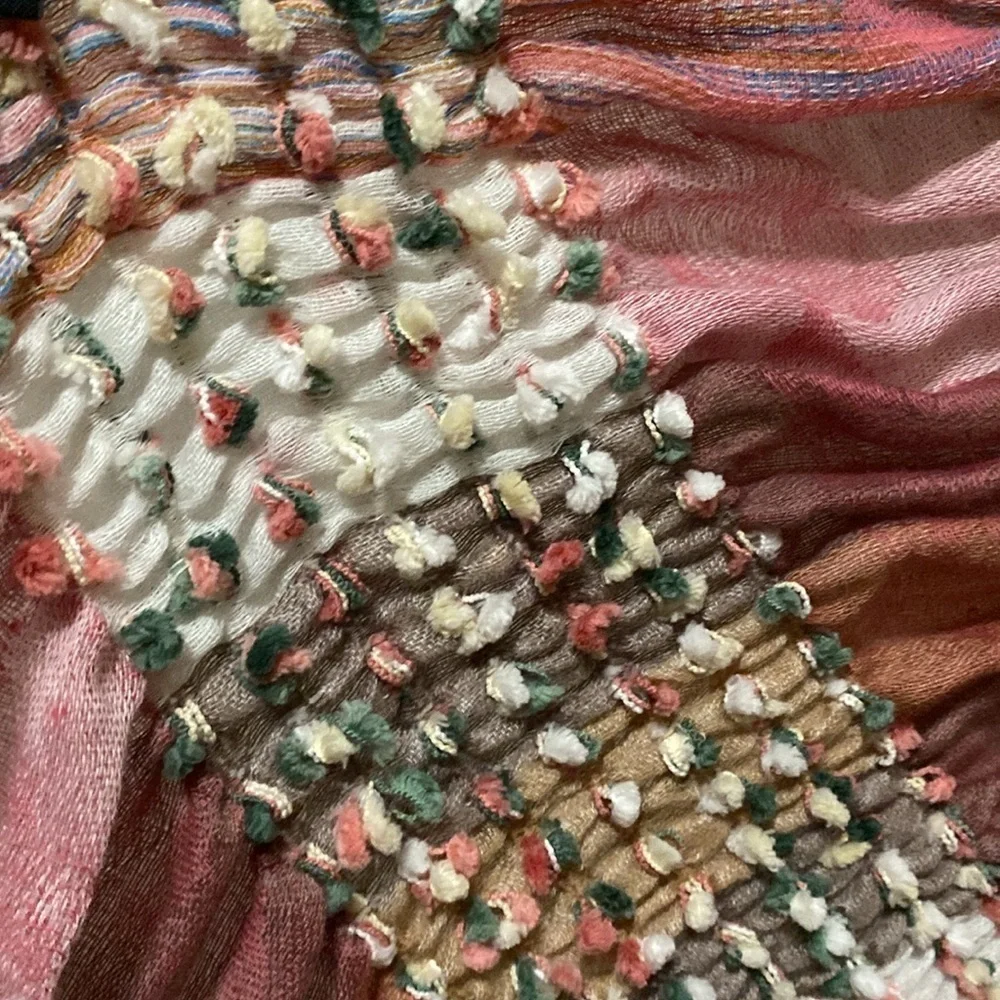 Bohemian Water Color Scarf & Wrap OS Womens puckered gathered fringe Pom poms